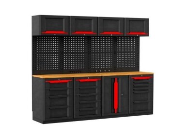Cramp tool cabinet with workbench for workshops, 250 cm Cramp tool cabinet with workbench for workshops, 250 cm