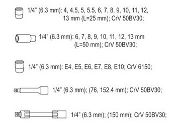 Galvučių su terkšle rinkinys 1/4", 56 vnt. 4 Galvučių su terkšle rinkinys 1/4", 56 vnt. 4