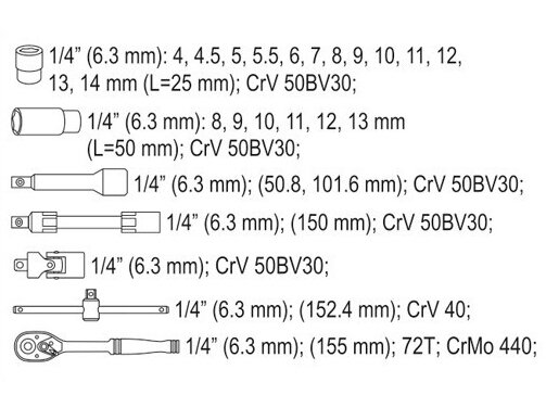 Galvučių su terkšle rinkinys 1/4", 42 vnt. 4 Galvučių su terkšle rinkinys 1/4", 42 vnt. 4