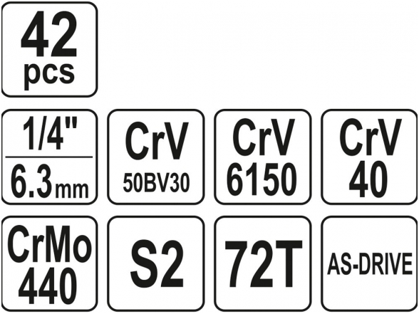 Galvučių su terkšle rinkinys 1/4", 42 vnt. 3 Galvučių su terkšle rinkinys 1/4", 42 vnt. 3