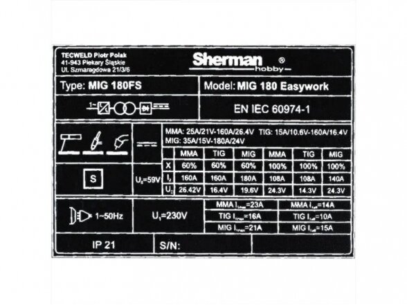 Inverterinis suvirinimo pusautomatis Sherman MIG 180 Easywork, 180A, 230V 8 Inverterinis suvirinimo pusautomatis Sherman MIG 180 Easywork, 180A, 230V 8