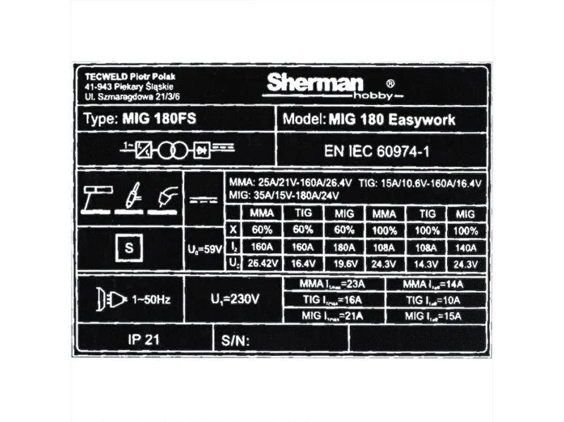 Inverterinis suvirinimo pusautomatis Sherman MIG 180 Easywork, 180A, 230V 8 Inverterinis suvirinimo pusautomatis Sherman MIG 180 Easywork, 180A, 230V 8