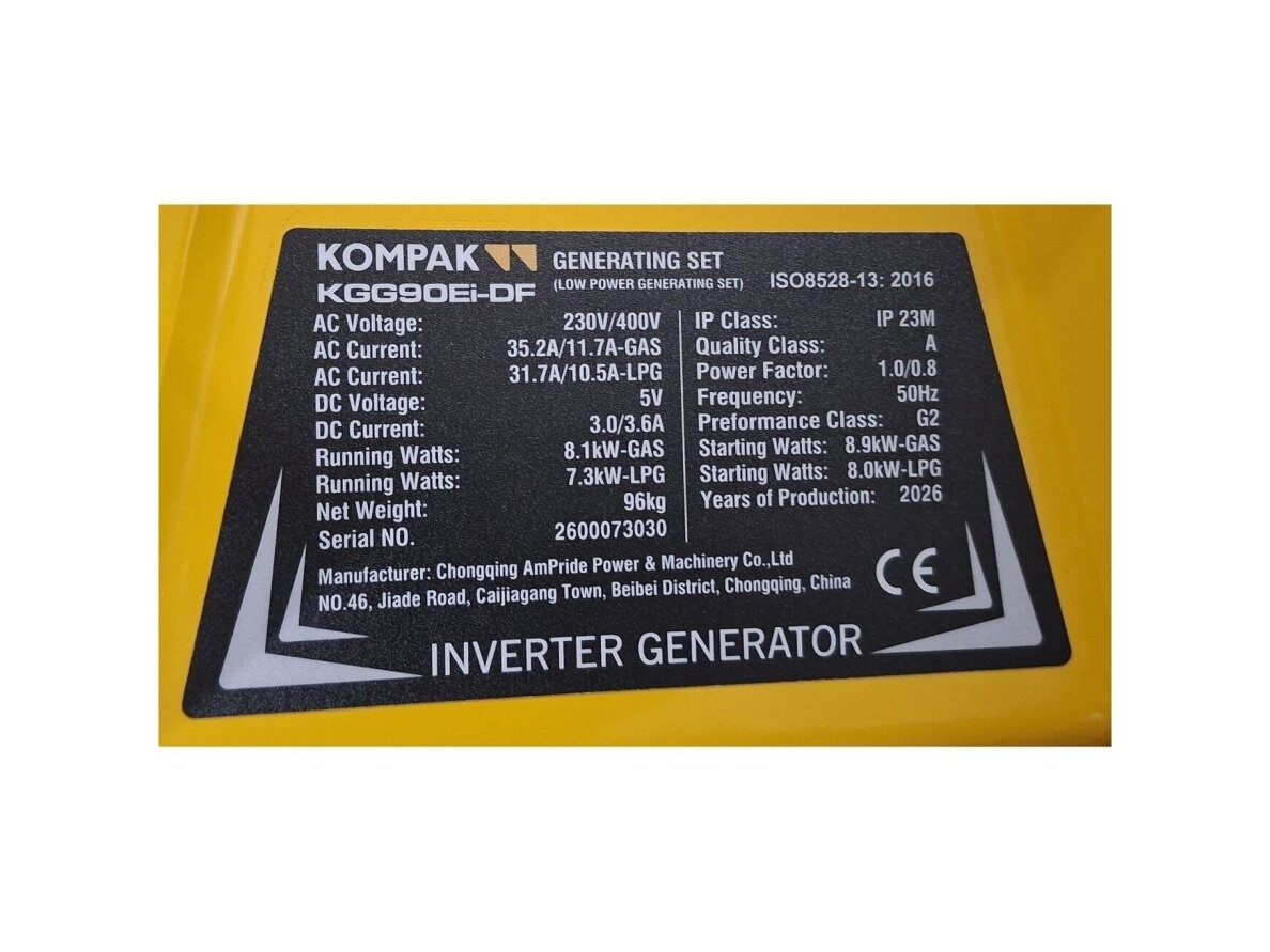 Kompak KGG90Ei-DF dvikuris trifazis inverterinis generatorius su ATS, 8.9 kW, 400/230V, benzinas / dujos 11