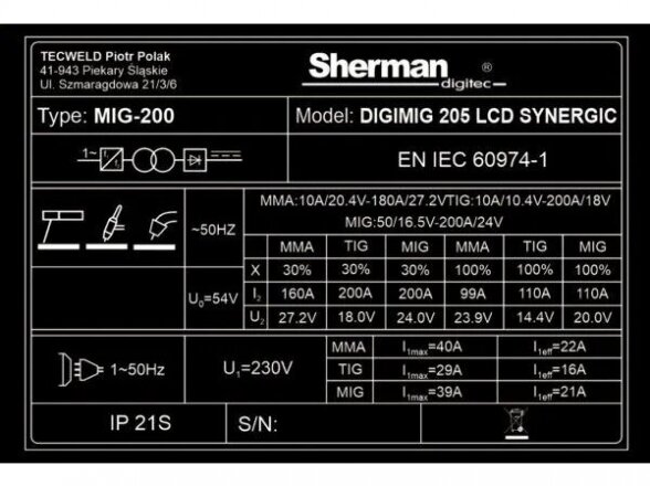 Komplektas - sinerginis suvirinimo aparatas Sherman DIGIMIG 205 LCD SYNERGIC, 200A, 230V 13