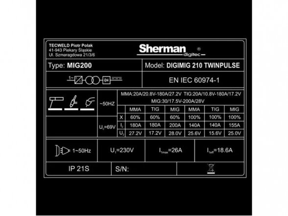 Komplektas - sinerginis suvirinimo aparatas Sherman DIGIMIG 210 TWINPULSE, 200A, 230V 15