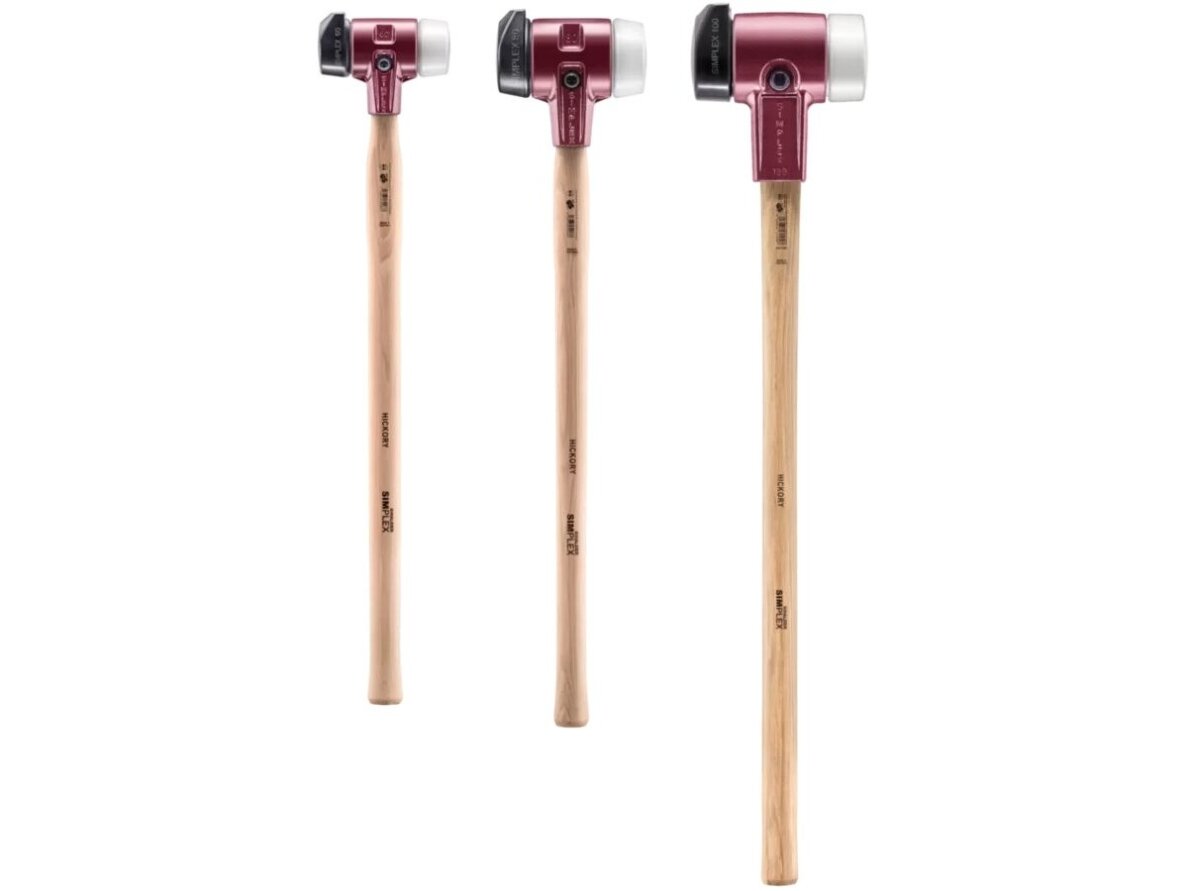 Soft-faced Halder Simplex mallet with reinforced cast iron housing and hickory wood handle, rubber composite with “Stand-Up” function / superplastic