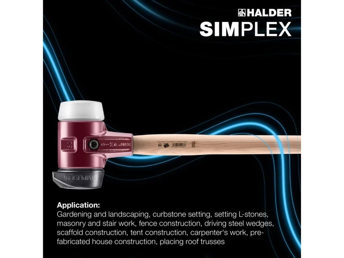 Soft-faced Halder Simplex mallet with reinforced cast iron housing and hickory wood handle, rubber composite with “Stand-Up” function / superplastic 4 Soft-faced Halder Simplex mallet with reinforced cast iron housing and hickory wood handle, rubber composite with “Stand-Up” function / superplastic 4