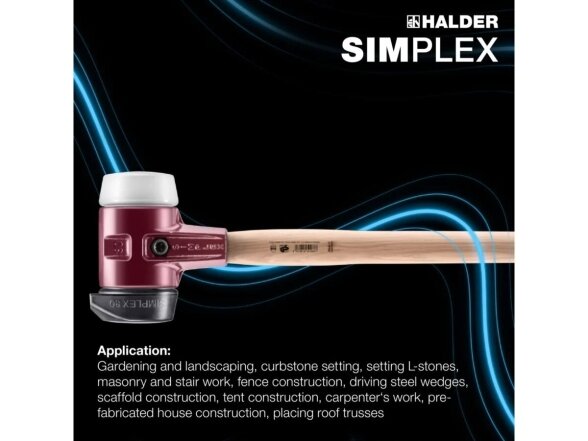 Soft-faced Halder Simplex mallet with reinforced cast iron housing and hickory wood handle, rubber composite with “Stand-Up” function / superplastic 4