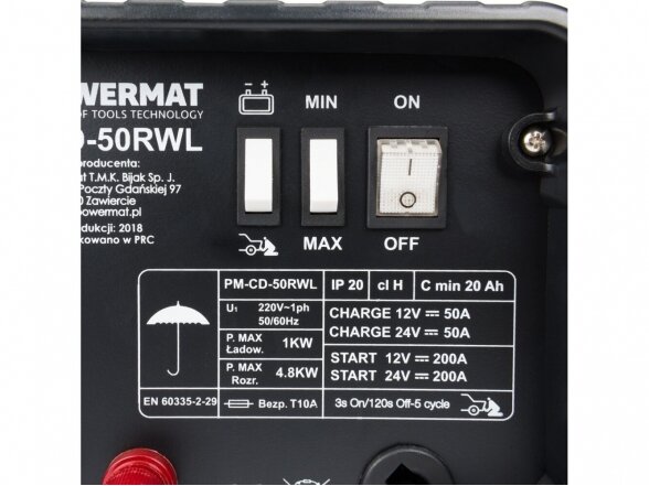 Powermat PM-CD-50RWL akumuliatorių įkroviklis su paleidimo funkcija, 12/24V
