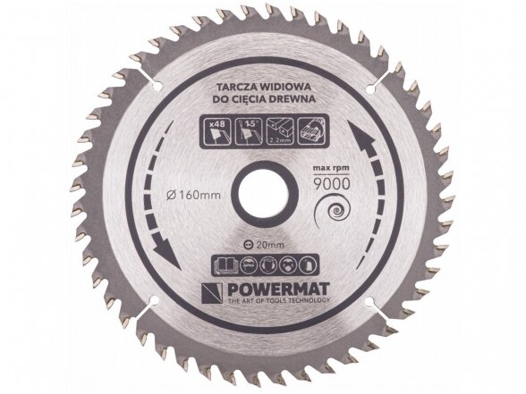 Powermat TDD-160x20x48Z medienos pjovimo diskas 160x20 mm, 48 dantys 1