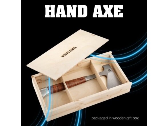 Hand axe with leather handle, in a wooden box 1 Hand axe with leather handle, in a wooden box 1