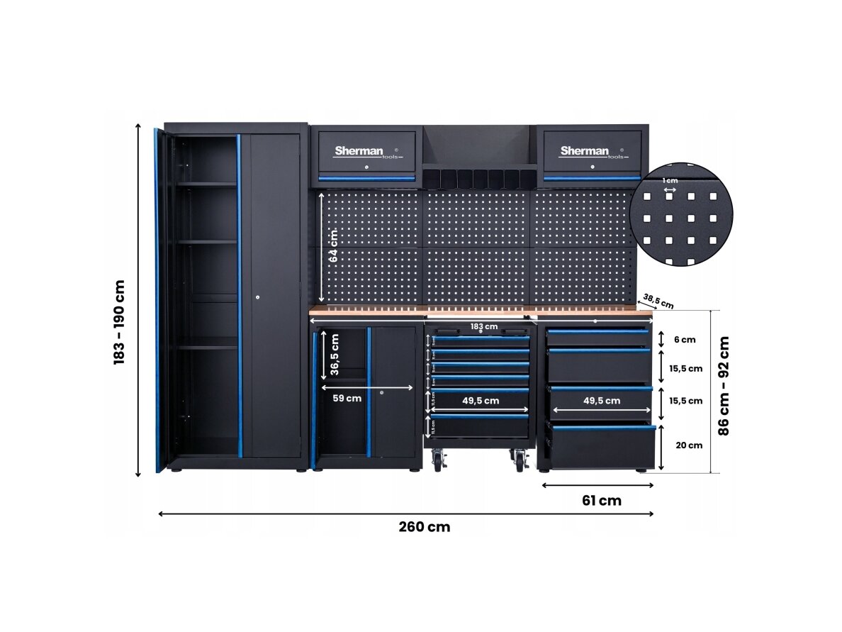 Sherman tool cabinet on casters with workbench, 14 elements 18 Sherman tool cabinet on casters with workbench, 14 elements 18
