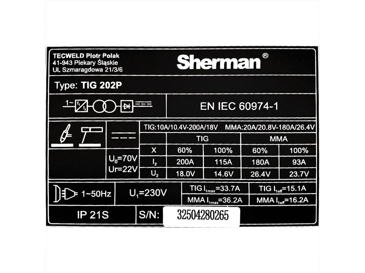 Sherman TIG 202P inverter welding machine, 200A, 230V 7 Sherman TIG 202P inverter welding machine, 200A, 230V 7