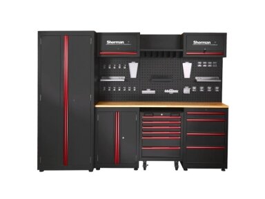 Sherman tool cabinet on casters with workbench, 14 elements