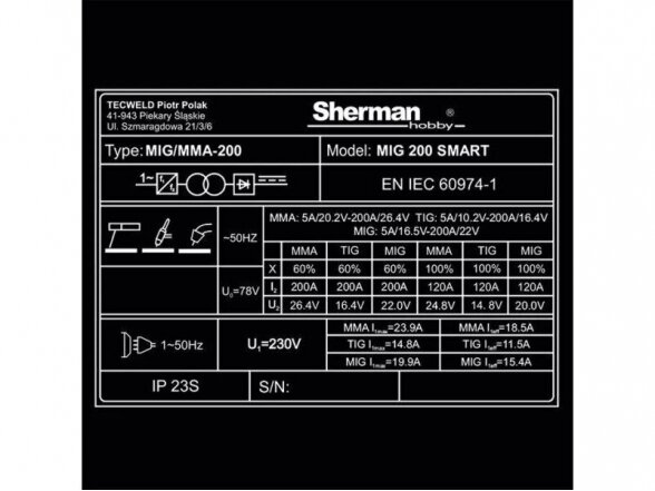 Sherman komplektas - suvirinimo pusautomatis MIG 200 SMART, 200A, 230V 10