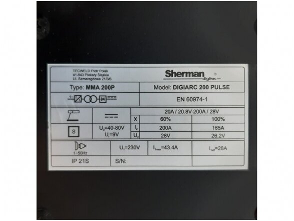 Sherman DIGIARC 200 Pulse Suvirinimo aparatas MMA, 200A, 230V 4