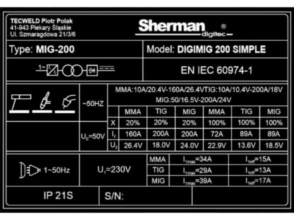 Sherman DIGIMIG 200 SIMPLE sinerginis suvirinimo aparatas, 200A, 230V 12