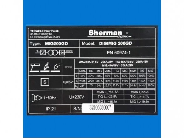 Sherman DIGIMIG 200GD Suvirinimo pusautomatis, 200A, 230V 10