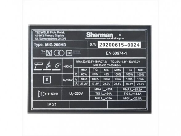 Sherman DIGIMIG 200HD suvirinimo aparatas, 200A, 230V 11