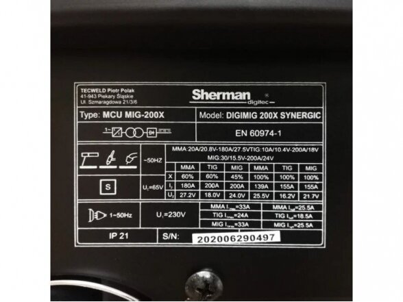 Sherman DIGIMIG 200X Synergic pusautomatis suvirinimo aparatas, 200А, 230V 7