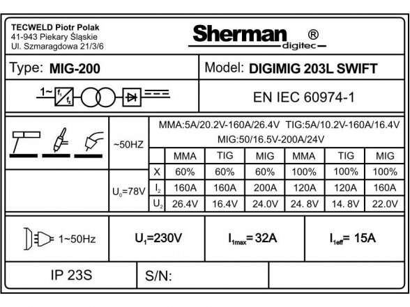 Sherman DIGIMIG 203L SWIFT sinerginis suvirinimo aparatas, 200A, 230V 13