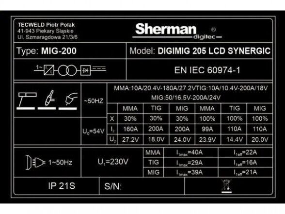 Sherman DIGIMIG 205 LCD SYNERGIC sinerginis suvirinimo aparatas, 200A, 230V 12 Sherman DIGIMIG 205 LCD SYNERGIC sinerginis suvirinimo aparatas, 200A, 230V 12