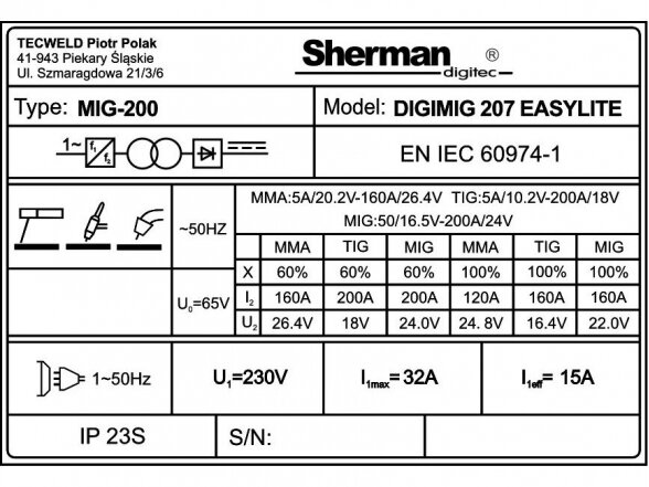 Sherman DIGIMIG 207 EASYLITE sinerginis suvirinimo aparatas, 200A, 230V 13