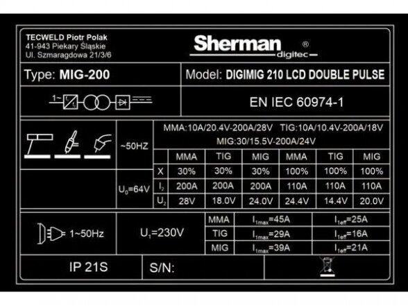 Sherman DIGIMIG 210 LCD DOUBLE PULSE sinerginis suvirinimo pusautomatis, 200A, 230V 15