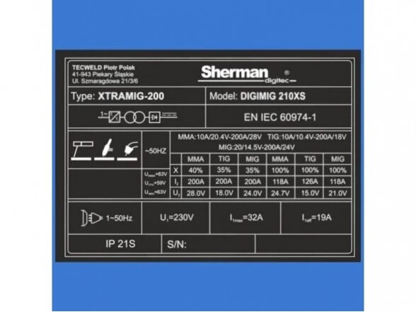Sherman Digimig 210XS sinerginis suvirinimo aparatas, 200A, 230V 9