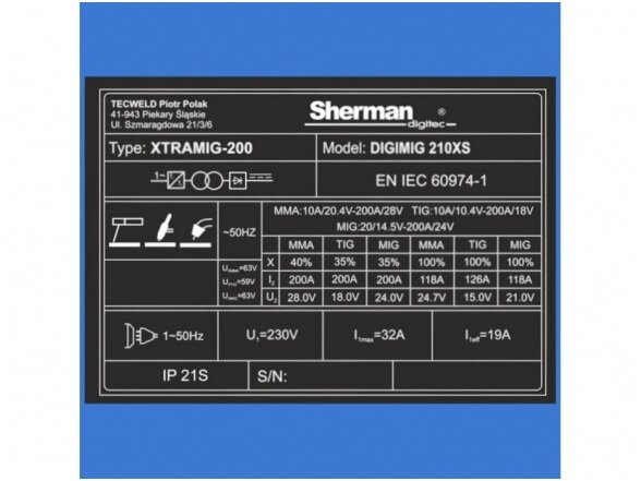 Sherman komplektas - Digimig 210XS sinerginis suvirinimo aparatas, 200A, 230V 12