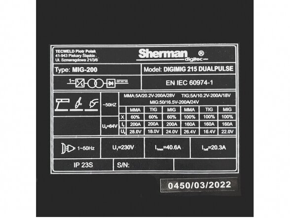 Sherman DIGIMIG 215 DUALPULSE suvirinimo pusautomatis, 200A, 230V 12