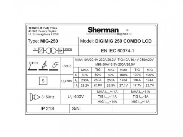 Sherman DIGIMIG 250 COMBO LCD sinerginis suvirinimo aparatas, 250A, 400V 12