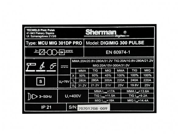 Sherman DIGIMIG 300 Pulse sinerginis suvirinimo aparatas, 300A, 400V 15