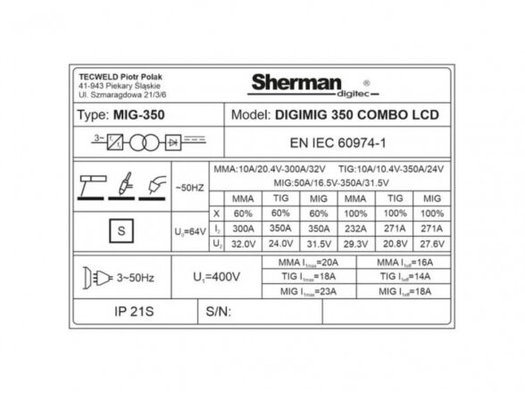 Sherman DIGIMIG 350 COMBO LCD sinerginis suvirinimo aparatas, 350A, 400V 12