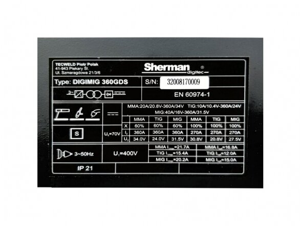 Sherman DIGIMIG 360GDS sinerginis inverterinis suvirinimo aparatas, 360A, 400V 4