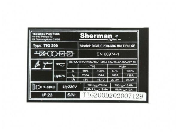 Sherman DIGITIG 200 AC/DC MULTIPULSE inverterinis suvirinimo aparatas, 200A, 230V 7