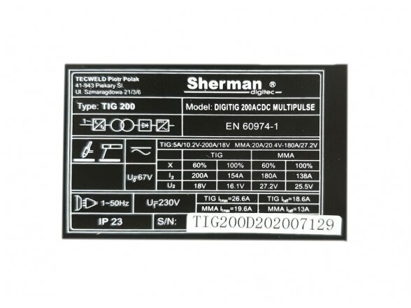 Sherman DIGITIG 200 AC/DC MULTIPULSE инверторный сварочный аппарат, 200A, 230V 7 Sherman DIGITIG 200 AC/DC MULTIPULSE инверторный сварочный аппарат, 200A, 230V 7