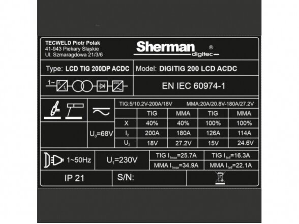 Sherman DIGITIG 200 LCD AC/DC Welding Machine, 200A, 230V 8