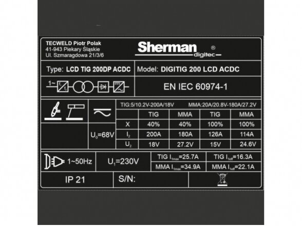 Sherman DIGITIG 200 LCD AC/DC suvirinimo aparatas, 200A, 230V 8