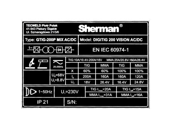 Сварочный аппарат Sherman DIGITIG 200 VISION AC/DC, 200A, 230V 9 Сварочный аппарат Sherman DIGITIG 200 VISION AC/DC, 200A, 230V 9