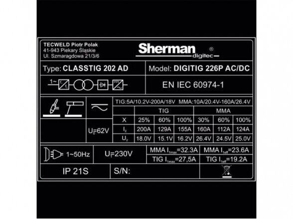 Sherman DIGITIG 226P AC/DC inverterinis suvirinimo aparatas, 200A, 230V 7