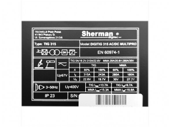 Sherman DIGITIG 315 AC/DC Multipro suvirinimo aparatas, 315A, 400V 4
