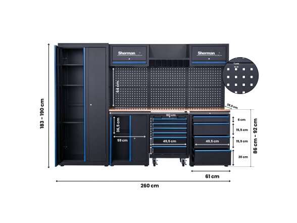 Sherman tool cabinet on casters with workbench, 14 elements 18 Sherman tool cabinet on casters with workbench, 14 elements 18