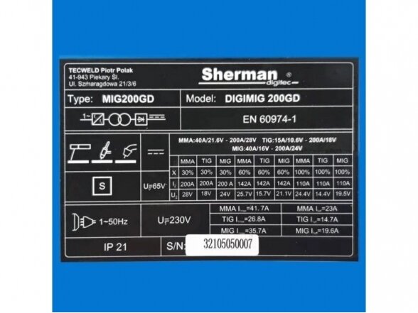 Sherman komplektas - DIGIMIG 200GD Suvirinimo pusautomatis, 200A, 230V 11 Sherman komplektas - DIGIMIG 200GD Suvirinimo pusautomatis, 200A, 230V 11