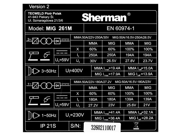 Sherman MIG 261M/4R suvirinimo pusautomatis, 250A, 230/400V 19 Sherman MIG 261M/4R suvirinimo pusautomatis, 250A, 230/400V 19
