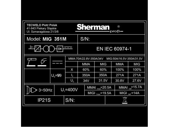 Sherman MIG 351M/4R suvirinimo pusautomatis, 350A, 400V 11 Sherman MIG 351M/4R suvirinimo pusautomatis, 350A, 400V 11