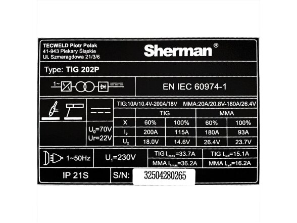 Sherman TIG 202P inverter welding machine, 200A, 230V 7 Sherman TIG 202P inverter welding machine, 200A, 230V 7