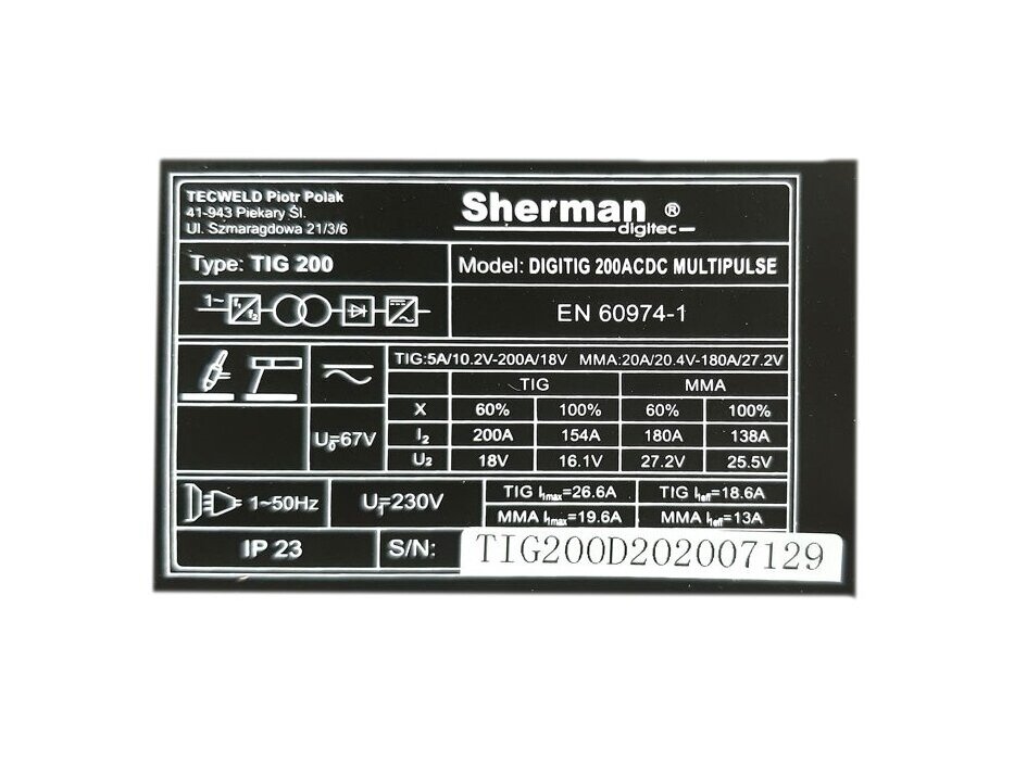 Sherman DIGITIG 200 AC/DC MULTIPULSE инверторный сварочный аппарат, 200A, 230V 7 Sherman DIGITIG 200 AC/DC MULTIPULSE инверторный сварочный аппарат, 200A, 230V 7