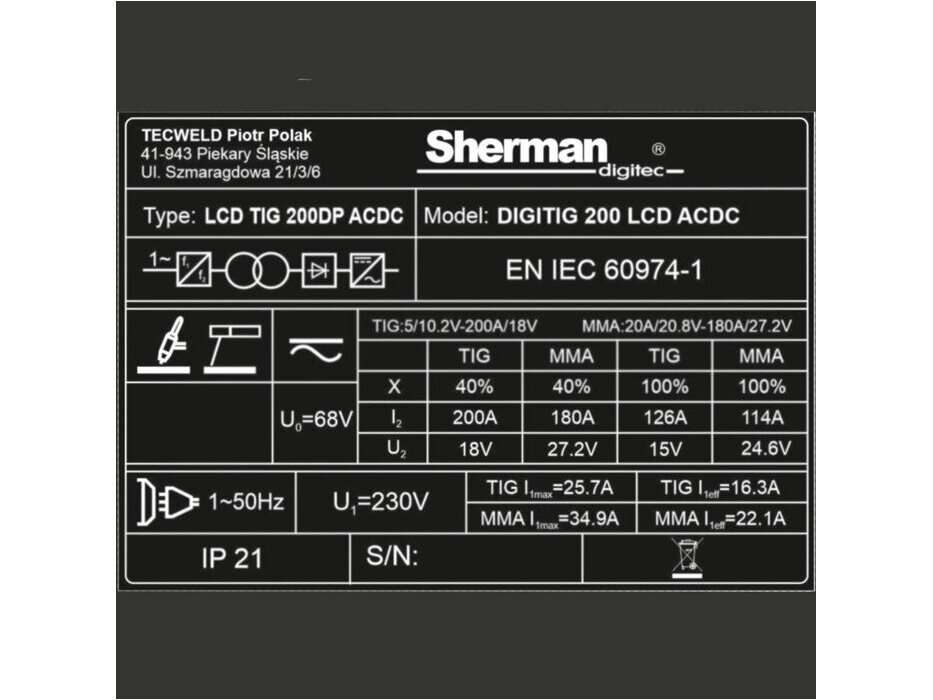 Sherman DIGITIG 200 LCD AC/DC Welding Machine, 200A, 230V 8