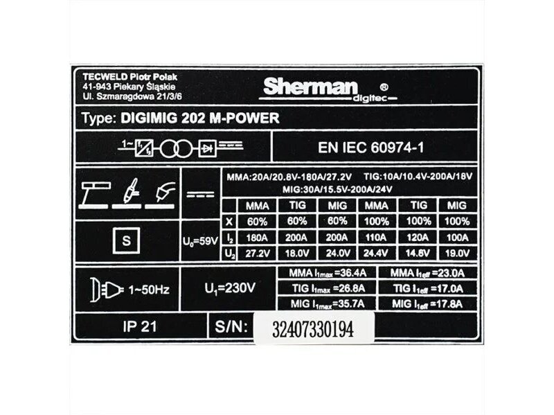 Synergic Inverter Welding Machine Sherman DIGIMIG 202 M-POWER, 200A, 230V 11 Synergic Inverter Welding Machine Sherman DIGIMIG 202 M-POWER, 200A, 230V 11